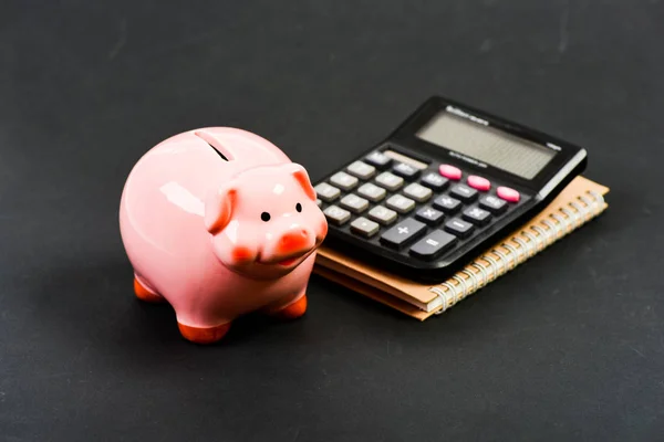 Planungshaushalt. Handelsgeschäft. Kapitalmanagement. Geld sparen. Buchhaltung und Gehaltsabrechnung. Spardose mit Taschenrechner. Sparschwein. Buchhaltung. Finanzbericht. Täuschung — Stockfoto