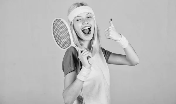 Sport for maintaining health. Athlete hold tennis racket in hand. Tennis club concept. Active leisure and hobby. Tennis sport and entertainment. Girl adorable blonde play tennis. Start play game — Stock Photo, Image