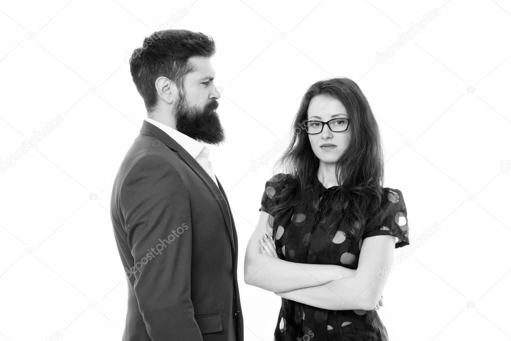 Nothing personal just business. Couple colleagues man with beard and pretty woman on white background. Business partners leadership and cooperation balance. Office job and business. Business concept