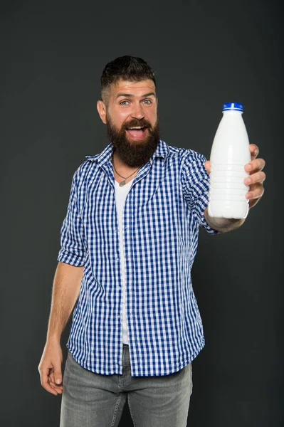 Das beste Getränk für Ihren Körper. bärtiger Mann mit einer Flasche Milchgetränk auf grauem Hintergrund. fröhlicher Hipster mit natürlichem, gesundem Milchgetränk. Kaukasier genießt frisches Joghurtgetränk — Stockfoto