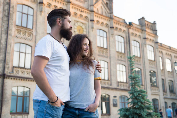 Love being in stable family relationship. Loving relationship between hipster and sexy girl. Sensual woman and bearded man enjoying romantic relationship. Feeling the love in their relationship