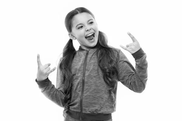 I am going rock this party. Kid shouting with crazy expression doing rock symbol hands up. Music star. Girl enjoy sing rock song. Hard rock and heavy metal music taste. Full of energy. Start party — Stock Photo, Image