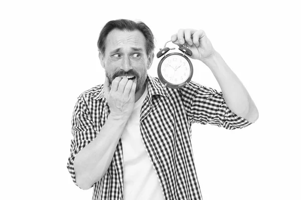 Being late. Stressed senior man worry being behind time. Bearded man with clock and stress on face. Mature timekeeper with clock. Mature man holding alarm clock. Scheduling time. Feeling stress — Stock Photo, Image