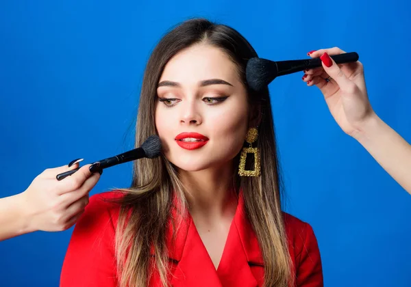 Skin care. Cosmetics concept. Beauty salon facial care. Pretty woman applying makeup brush. Perfect skin tone. Stunning beauty. Makeup supplies shop. Makeup courses. Gorgeous lady make up red lips — Stock Photo, Image