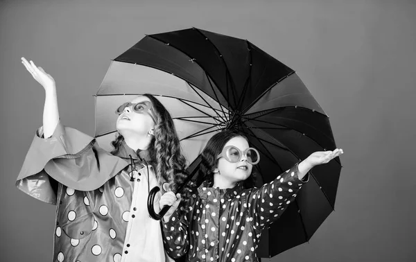 Οικογενειακών ομολόγων. Μικρά κορίτσια με αδιάβροχο. χαρούμενα μικρά κορίτσια με πολύχρωμη ομπρέλα. προστασία από τη βροχή. Ουράνιο τόξο. φθινοπωρινή μόδα. χαρούμενα, χίππη παιδιά, αδελφότητα. Αίσθημα της ομορφιάς της φύσης — Φωτογραφία Αρχείου