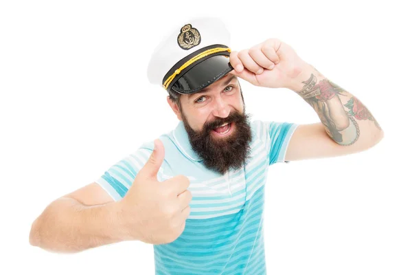 Brutal seaman isolated on white. Captain concept. Welcome aboard. Bearded man captain of ship. Sea cruise. Travel concept. Summer vacation. Hipster beard mustache sailor hat. Captain of cruise liner — Stock Photo, Image