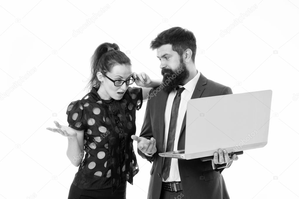 Supervisor concept. Couple working using laptop. Business lady check what is done. Outrageous result. Lady boss unsatisfied with business indicators. Manager show result. Report business result