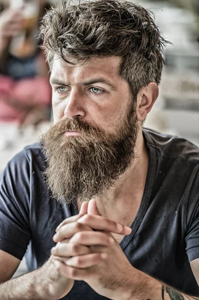 Bearded man concentrated face. Hipster with beard thoughtful expression. Thoughtful mood concept. Making important life choices. Making hard decision. Man with beard and mustache thoughtful troubled — Stock Photo, Image
