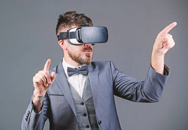 Innovation in business. virtual reality goggles. Modern business. Digital future and innovation. bearded man wear wireless VR glasses. businessman in VR headset. Visual reality. use future technology