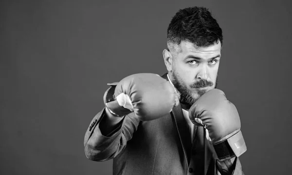 El hombre de negocios usa guantes de boxeo. Las mejores estrategias de abogado defensor criminal. Las tácticas han demostrado funcionar. Concepto de ataque y defensa. Un exitoso hombre de negocios. Abogado defensor criminal planeando estrategias — Foto de Stock