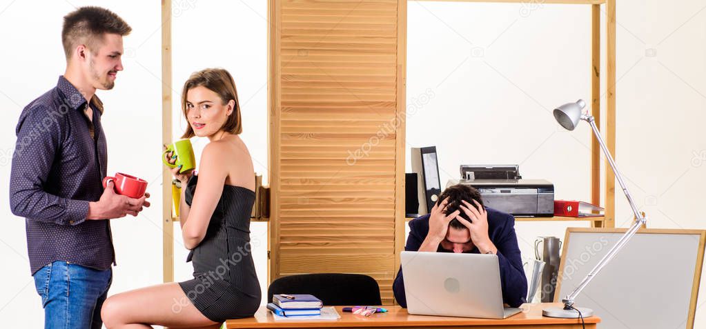 Flirting with coworker coffee break. Woman flirting with coworker. Woman attractive working man colleague. Office collective concept. More than just friends. Sexual desire. Flirting and seduction