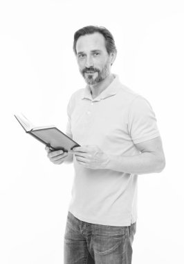 Adam olgun tutun izole kitap beyaz arka plan sakallı. Yararlı bilgiler. Kendi eğitim. Ana sayfa eğitim ve kendini geliştirme. Yetişkin eğitimi. Güven ve istihbarat. Asla çok geç çalışma