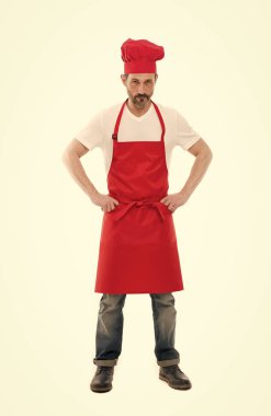 Önlük adam. Emin Olgun yakışıklı adam beyaz arka plan. Profesyonel meslek yemek. Yemek pişirmek için üniforma. Restoran şefi. Yemek benim hobi olduğunu. Yemek öğrenin. Benim mutfak için hoş geldiniz