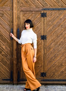 Yüksek belli pantolon. Kadın çekici esmer moda giysiler giymek. Kadınlık ve kadınsı rakam vurgulamak. Kız gevşek yüksek belli pantolon giymek. Moda dükkanı. Yüksek belli pantolon moda trendi