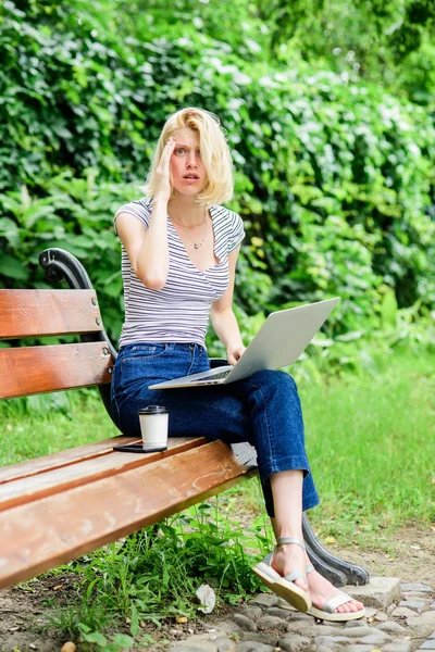 Natural environment office. Education concept. Notebook internet remote job. Work in park. Reasons why you should take your work outside. Power of nature calls. Girl work with laptop in park