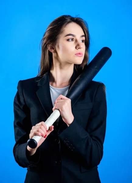 Life game. Pretty and dangerous. Woman pretty girl bear formal jacket and hold baseball bat. Business strategy. Aggressive business. Business lady boss. Decisive actions. Confidence and strength