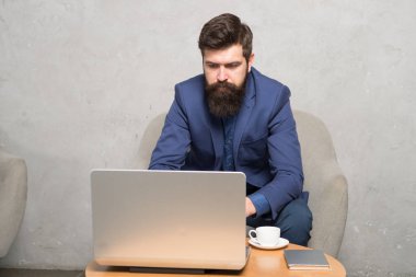 Günlük görevler için harika bir dizüstü bilgisayar. İş adamı iş için dizüstü bilgisayar kullanıyor. Ofisteki dizüstü bilgisayarında çalışan sakallı adam. Profesyonel bilgisayar tamircisi veya teknoloji çalışanı