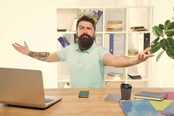 Welcome to my kingdom. King of office. Head of department. Man bearded manager businessman entrepreneur wear crown. Top manager head office. Confident boss enjoying glory. Head and boss concept