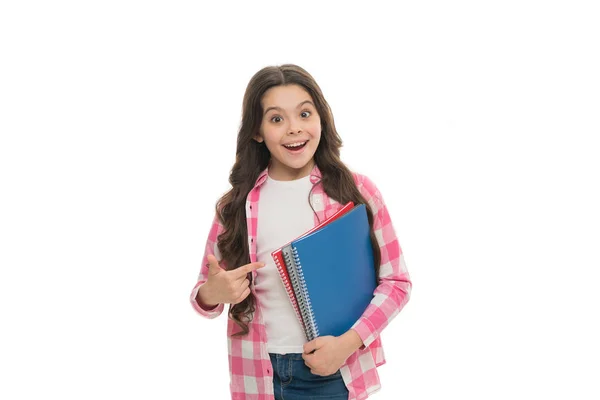 Time to study. Girl hold book white background. Book store concept. Interesting literature. Development and education. Child care and happy childhood. Schoolgirl ready to study. Study in school — Stock Photo, Image