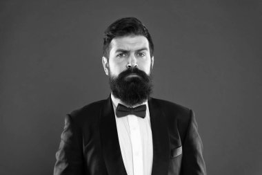 Smokin ve papyon sakallı adam. Resmi olay. sakallı adam Damat Düğün elbiseli sakallı. İşadamı özel smokin içinde. Formal giyim erkek moda. Sakallı hippi adam. Smokin sakallı damat