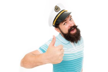 Yaz tatili. Hipster sakal bıyıklı denizci şapkası. Yolcu gemisinin kaptanı. Vahşi denizci beyazüzerinde izole edilmiş. Kaptan kavramı. Gemiye hoş geldiniz. Geminin sakallı kaptanı. Deniz gezisi. Seyahat konsepti