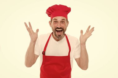 Mutfak ilham. Olgun yakışıklı adam beyaz arka plan. Profesyonel meslek yemek. Yemek pişirmek için üniforma. Restoran şefi. Yemek benim hobi olduğunu. Yemek öğrenin. Benim mutfak için hoş geldiniz