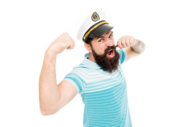 Denizlerin efendisi. Seyahat konsepti. Yaz tatili. Hipster sakal bıyıklı denizci şapkası. Kaptan yolcu gemisi. Vahşi denizci beyazüzerinde izole edilmiş. Kaptan kavramı. Geminin sakallı kaptanı. Deniz gezisi