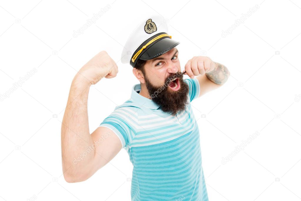 Lord of the seas. Travel concept. Summer vacation. Hipster beard mustache sailor hat. Captain cruise liner. Brutal seaman isolated on white. Captain concept. Bearded man captain of ship. Sea cruise