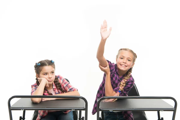 Geniet van het proces van studeren. Studenten klasgenoten zitten op de tafel. Terug naar school. Privéschool concept. Basisschool onderwijs. Kleine meisjes school vrienden studeren samen. Hef de handen om te beantwoorden — Stockfoto