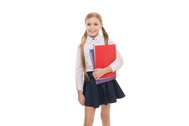 Liseli kız çalışmaya hazır. Okulda okuyorum. Çalışma zamanı. Kız kitap beyaz arka plan tutun. Kitap mağazası konsepti. İlginç bir edebiyat. Gelişim ve eğitim. Çocuk bakımı ve mutlu çocukluk