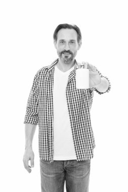 Sağlık servettir. Vitamin hapı kapsayıcı tutan sakallı adam. Sakal için sağlık hap. Olgun adam hapı şişesiyle. Tıp hap ve vitamin kompleksi ile komuta sizde. Sakal bakım. Sakal sağlık. Vitamini