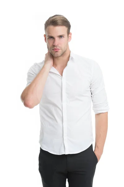Ένας εργάτης με λευκό κολάρο. Επίσημος ενδυματολογικός κώδικας. Διαχείριση γραφείου και μέσης αλυσίδας. Άνθρωπος καλά καλλωπισμένο επίσημο κομψό πουκάμισο λευκό φόντο. Ανδρικό στυλ. Guy όμορφος εργαζόμενος γραφείο — Φωτογραφία Αρχείου