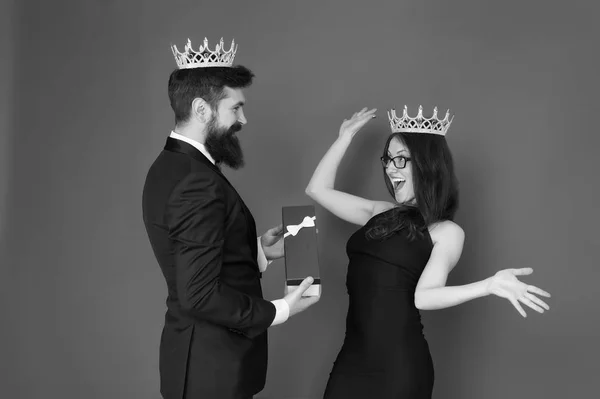 So happy. Formal couple. man in tuxedo and sexy woman. anniversary celebration. Bearded man and happy woman in crown. royal couple in love. date. fashion look. anniversary party. anniversary present