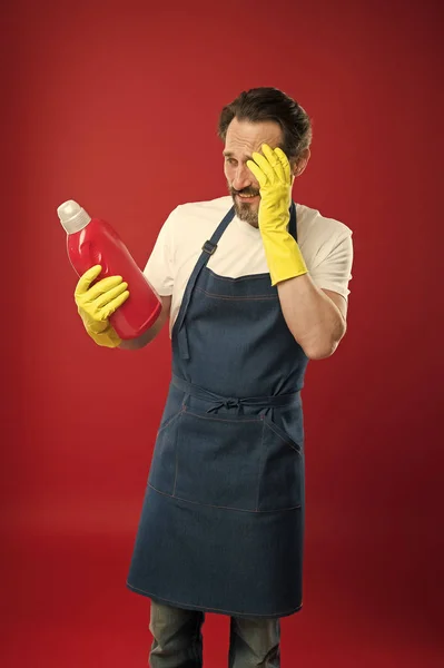 Domestic helper. Spring cleaning. Maid or houseman cares about house. Commercial cleaning company concept. Bearded man.general or regular clean up. Changing responsibilities — Stock Photo, Image