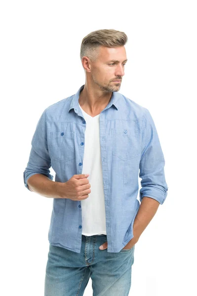 Denim trend. Feeling casual and comfortable. Menswear and fashionable clothing. Man looks handsome in casual shirt. Guy with bristle wear casual outfit. Fashion concept. Man model clothes shop — Stock Photo, Image