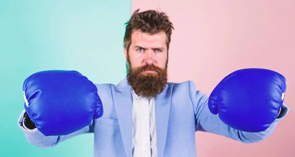 Strong and powerful. Bearded man in boxing stance. Fighting for success in sport and business. Businessman in formal wear and boxing gloves. Sport improves his leadership skills. Energy inside him — Stock Photo, Image