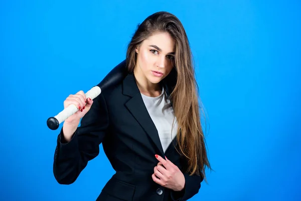 Business lady boss. Time demands decisive actions. Confidence and strength. Life game. Build career. Woman pretty girl bear formal jacket and hold baseball bat. Business strategy. Aggressive business