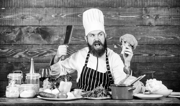 My kitchen my rules. Organic food. Chef use fresh organic vegetables for dish. Vegetarian meal. Fresh ingredients only. Man bearded hipster cooking fresh vegetables. Freshest possible ingredients