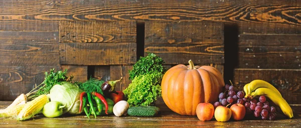 Autumn harvest organic crops pumpkin corn vegetables. Vegetables from garden or farm close up. Homegrown vegetables. Fresh organic vegetables on dark wooden background. Grocery shop concept — Stock Photo, Image