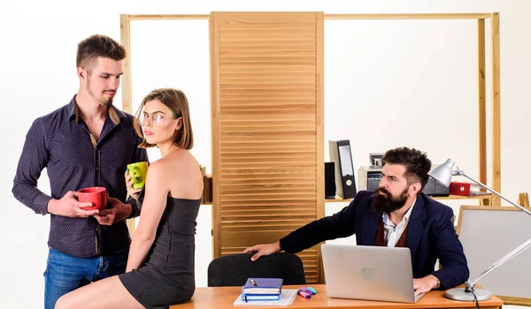 Flirting with coworker coffee break. Woman flirting with coworker. Woman attractive working male colleagues. Office romance concept. Strict boss. She distracts workers. Flirting and seduction