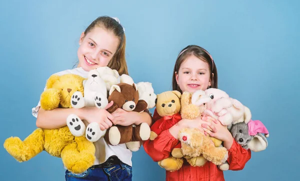 Child care. Sisters best friends play. Sweet childhood. Childhood concept. Softness and tenderness. Laundry softener. Love and friendship. Kids adorable cute girls play soft toys. Happy childhood — Stock Photo, Image