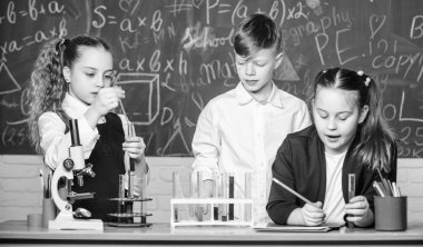 Küçük çocuklar okul laboratuvarında kimya kazanıyorlar. mikroskop ile biyoloji deneyleri. Küçük kızlar ve oğlanlar laboratuarda. Kimya bilimi. Küçük çocuklar. Bilim. Sınava konsantre