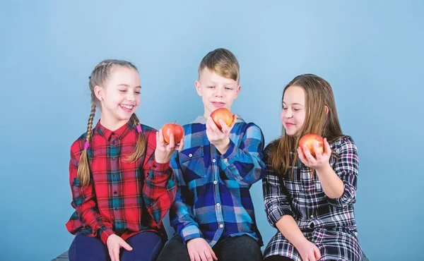 Teens with healthy snack. Healthy dieting and vitamin nutrition. Eat fruit and be healthy. Group teenagers hold apples. Healthy lifestyle. Boy and girls friends in similar checkered clothes eat apple