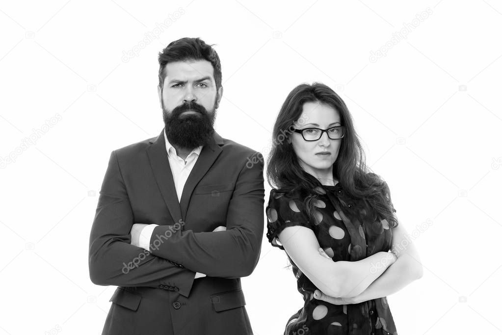 Couple colleagues man with beard and pretty woman on white background. Business partners leadership and cooperation balance. Office job and business. Business concept. Nothing personal just business