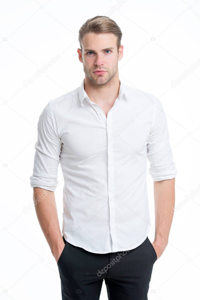Guy handsome office worker. Working formal dress code. Menswear formal style. Clerical and middle chain management. White collar worker. Man well groomed formal elegant shirt white background