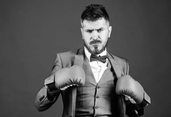 Inspirado para trabajar duro. Knockout y energía. Pelea. hombre barbudo con guantes de boxeo perforando. hombre poderoso boxeador listo para la batalla corporativa. hombre de negocios en traje formal y corbata. Éxito empresarial y deportivo — Foto de Stock