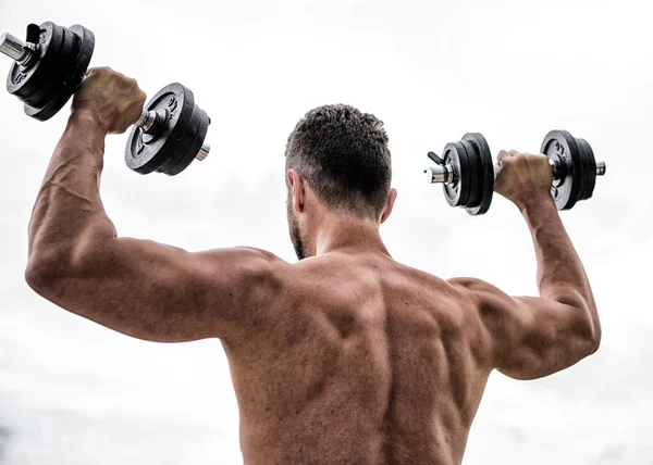 Equipo de fitness y deporte. cuerpo atlético. Gimnasio de tontos. Hombre deportista levantamiento de pesas. esteroides. Musculoso hombre de espalda haciendo ejercicio en la mañana con la barra. Estilo de vida saludable. mens poder —  Fotos de Stock