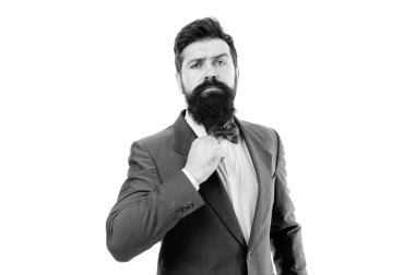 gerçek erkek için sakal bakımı. modern iş başarısı. sakallı hipster'ın kendi işi vardır. resmi takım elbiseli sakallı işadamı. ofis hayatı. acımasız patron adam beyaz izole. uzun sakallı ceo