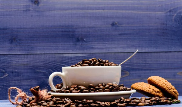 귀리 쿠키와 커피 휴식. 영감과 에너지 충전을 위한 음료. 컵 풀 커피 브라운 볶은 콩 블루 나무 배경입니다. 신선한 볶은 커피 콩. 카페인 개념. 카페 음료 메뉴 — 스톡 사진