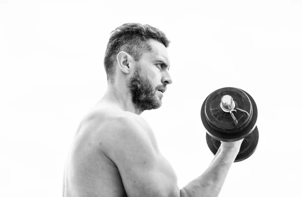 Uomo sportivo con le mani forti. steroidi. corpo atletico. Palestra Dumbbell. fitness e sport. Uomo muscolare che si allena al mattino con il bilanciere. successo. Bicipiti perfetti. Mantenere i muscoli flessibili — Foto Stock